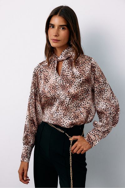 Sateen Leopard Print Detailed Collar Blouse - Beige