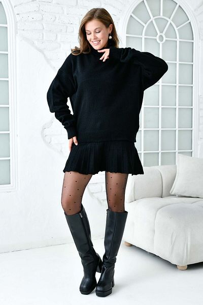 WOMAN VISION Tricotaj negru Fusta mini și pulover cu gât țesut - Set supradimensionat cu pliuri 9903