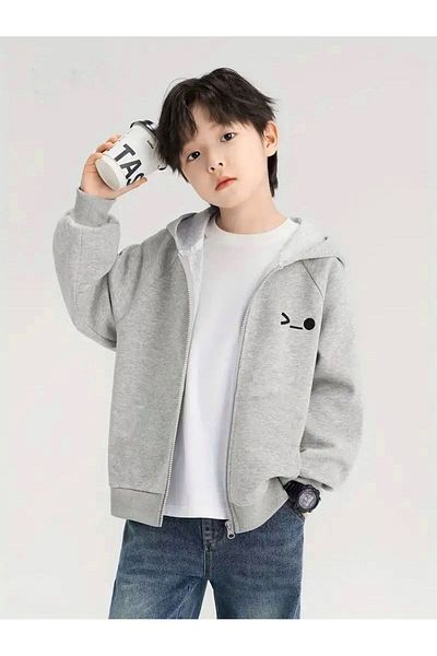 modaberry Cotton Zippered Children's Cardigan - Gray Face Pattern, Winter Hoodie for Boys and Girls