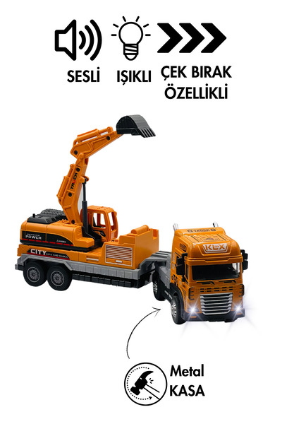 welcomein Oyuncak Kutulu İş Makinesi Sesli Işıklı Çek Bırak Metal Vinç, Beton...