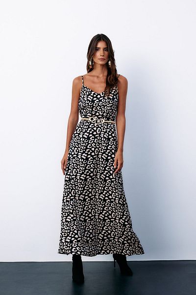 Sateen Satin Patterned Leopard Strap Dress - Black