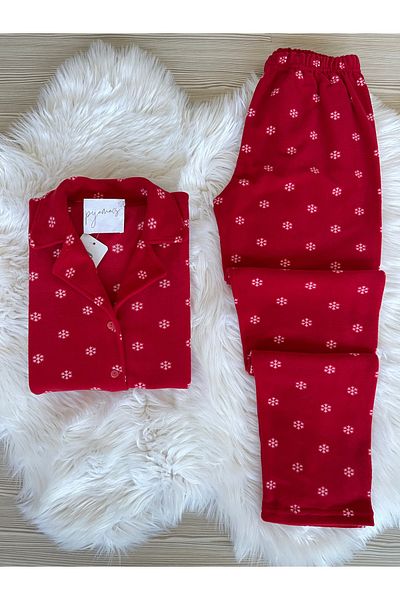 Pijamacs Red Snowflake Patterned Front Buttoned Fleece Pajama Set
