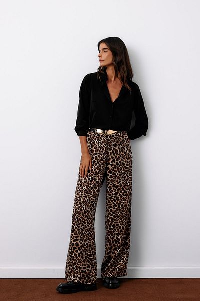 Sateen High Waist Leopard Trousers - Brown