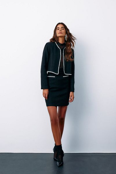 Sateen Black Tweed Skirt - Accessory Detailed
