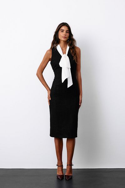 Sateen Rochie din tweed fără mâneci cu eșarfă - NEGRU