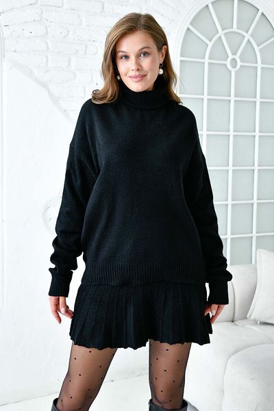 WOMAN VISION Tricotaj negru Fusta mini și pulover cu gât țesut - Set supradimensionat cu pliuri 9903