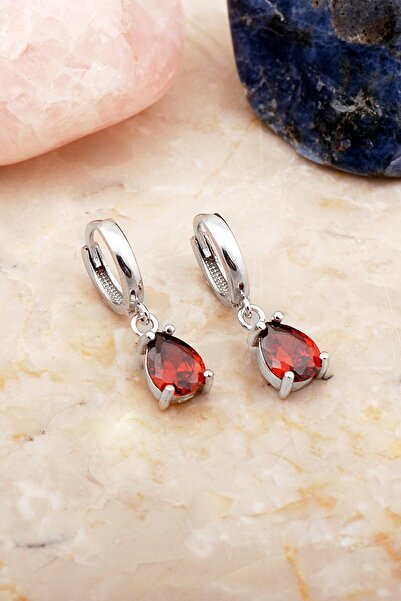 Sümer Telkari Lal Taşlı Damla Rodyumlu Gümüş Küpe 7096