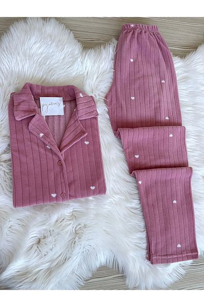 Pijamacs Dark Pink Heart Patterned Front Buttoned Fleece Pajama Set