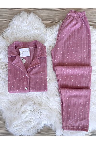 Pijamacs Pink Mini Star Patterned Front Buttoned Fleece Pajama Set