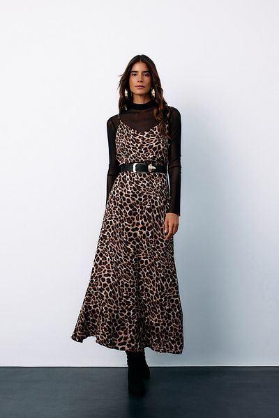 Sateen Leopard Patterned Satin Strap Dress - Brown
