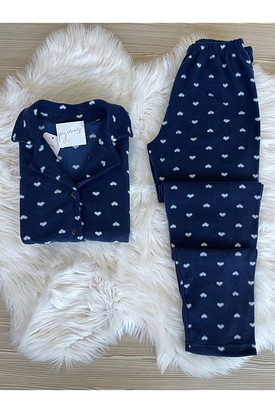 Pijamacs Sötétkék szív mintás elülső gombos polár pizsama szett