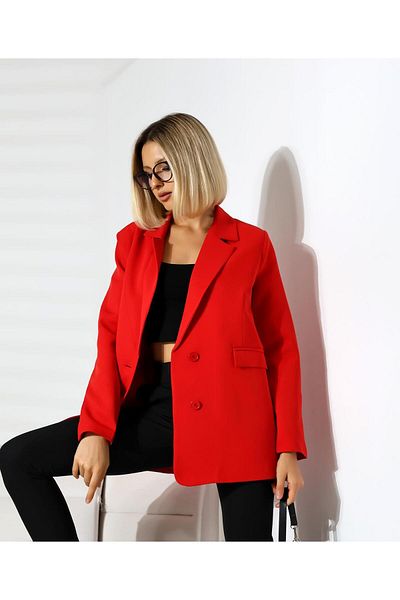 aytenli Oversize Double Two Button Lined Long Blazer Jacket with Pockets