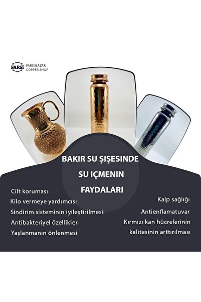 kuyaş Bakircilik Bakır Su Şişe- Bakır Matara- %100 Katı El Yapımı Bakır Dövülmüş Şişe, Bakır Termos Kapasite 550 ml
