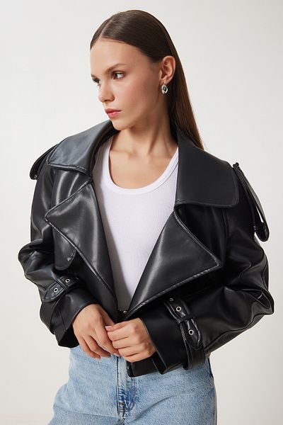 Lovelyİstanbul Jachetă neagră oversize din piele artificială - LOH0008
