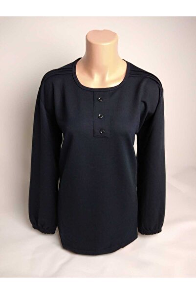 YAŞAR TRİKO Жіноча темно-синя блуза з велосипедним коміром, трьома ґудзиками, довгими рукавами, еластичною тарілкою та двома нитками