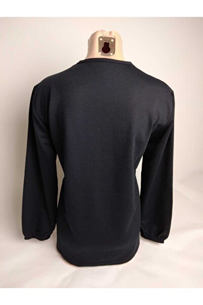 YAŞAR TRİKO Жіноча темно-синя блуза з велосипедним коміром, трьома ґудзиками, довгими рукавами, еластичною тарілкою та двома нитками