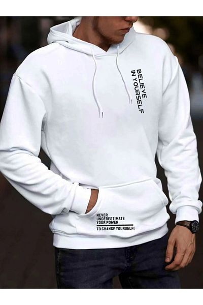 ALCİNOUS Men's Believe Printed White Hooded Sweatshirt