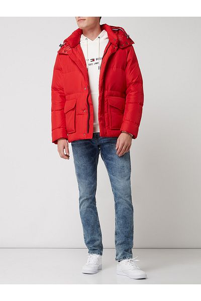 Tommy Hilfiger Men's Red Hooded Coat - Feather Daunenjacke, Tie Rod Regular Fit Mw0Mw11482
