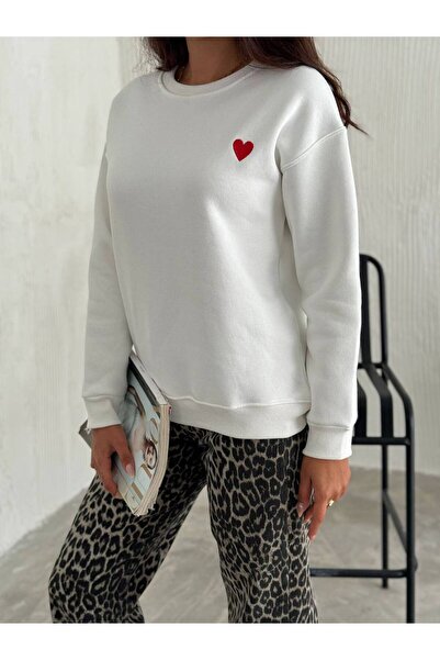 Modaminör White Women's Sweatshirt - Crew Neck, Soft Heart Print, Raised