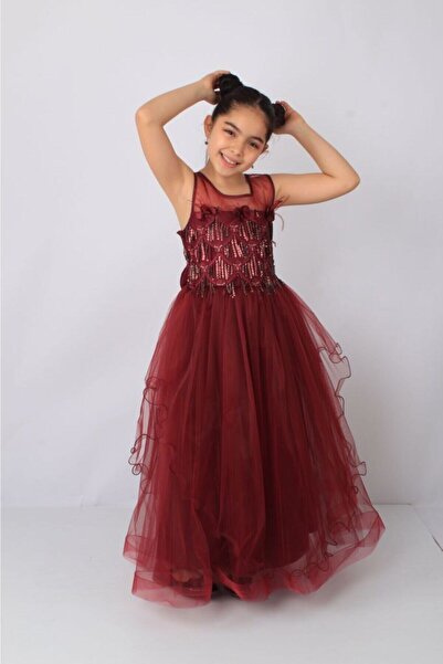 ÖFİ Kids Kız Pullu Çiçekli Kabarık Tüllü Uzun Abiye
