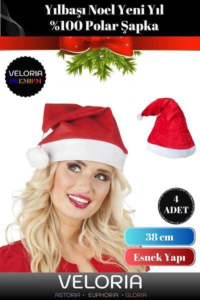 Veloria Premium Series Washable Children's Adult New Year Santa Claus Hat with Pompom 100% Fleece 4 Pieces