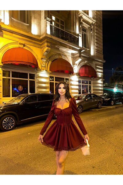 LOCH BUTİK KADIN BORDO MİNİ DANTELLİ ELBİSE