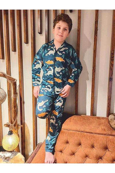 Lolliboomkids Boy's Dinosaur Pattern Buttoned Pajamas Set Long Sleeve