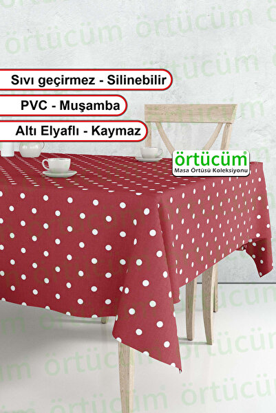 Örtücüm Kırmızı Beyaz Puantiyeli Silinebilir Pvc Muşamba Mutfak Masa Örtüsü L...