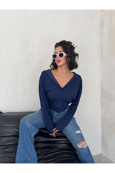 Modaminör Blue Hooded V-Neck Modal Fabric Crop Sweatshirt