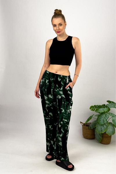 Betimoda Green Oversize Palazzo Pants - Soft Viscose with Pockets and Pattern