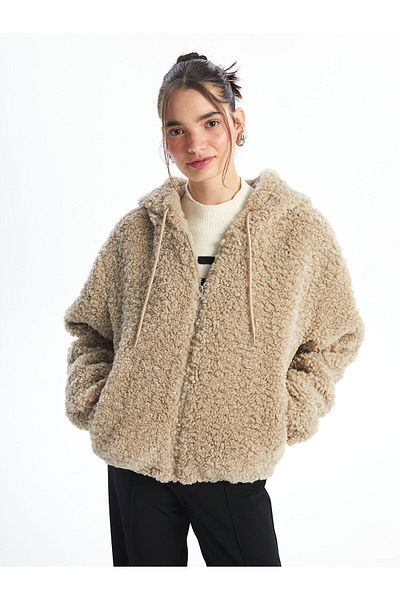LC Waikiki Γυναικείο Teddy παλτό XSIDE Μπεζ με κουκούλα