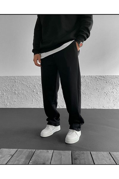FİTGO Black Baggy 2 Thread Straight Leg Large Size Sweatpants