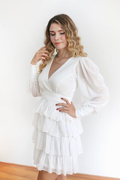 Faselle Özel Tasarım Beyaz Şifon Mini Elbise