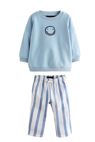 Lolliboomkids Băiat 3 fire cu dungi Emoji Smile Baby Blue Hanorac și set de sus cu dungi