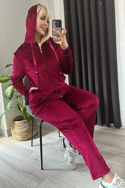 xlargebutik Large Size Clothing Claret Red Velvet Suit Hooded Flexible Sports Suit