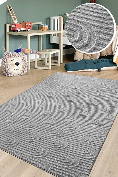 PINKIE HOME Gri Soft Tüylü Kabartmalı Peluş Ince Halı Salon Halısı Yatak Odas...