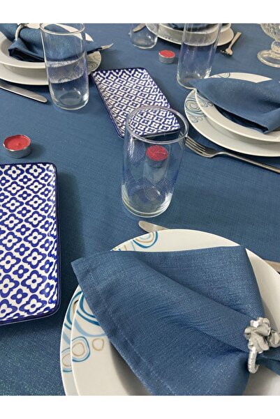 Zeren Home Simli Dertsiz Oval Masa Örtüsü Indigo Mavi