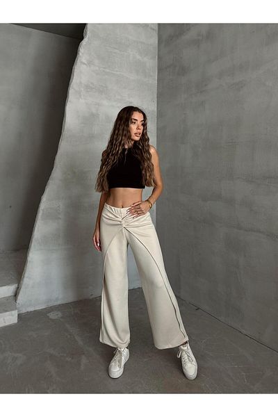 SEDA FİDAN Stone Colored Waist Detailed Loose Trousers