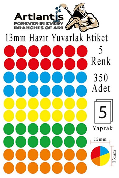 Artlantis 13 mm Renkli Hazır Yuvarlak Etiket 350 li 1 Paket Mix Color Ofis Et...