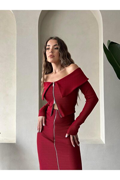 SEDA FİDAN BOUTIQUE Düşük Yaka Fermuarlı Triko Bluz Bordo