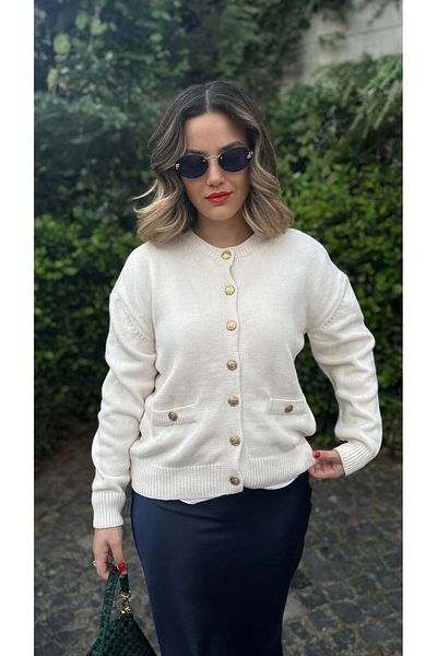 Natavanbutık White Yellow Buttoned Imported Brand Cardigan