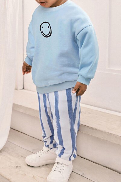 Lolliboomkids Boy's 3 Thread Striped Bottom Emoji Smile Baby Blue Sweartshirt and Striped Bottom Top Set