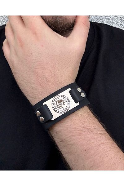 BSN Store Large Genuine Leather Bracelet with Scandinavian Wolf Figure