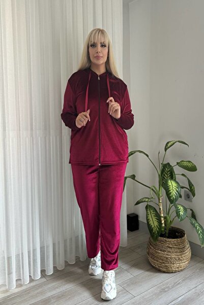 xlargebutik Облекла за големи размери Бордо кадифено спортно комплект с качулка