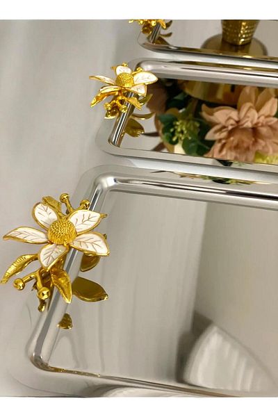 Yaren Style 3-Piece Luxury Coffee Presentation Tray |   Silver Lily Floral