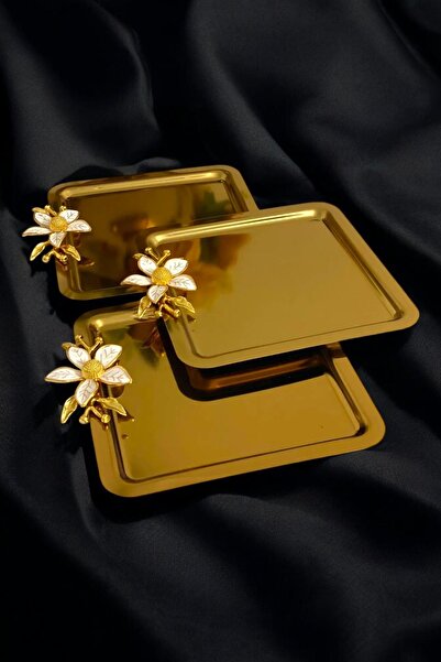 Yaren Style 3'Lü Lüx Kahve Sunum Tepsisi | Gold Zambak Çiçekli