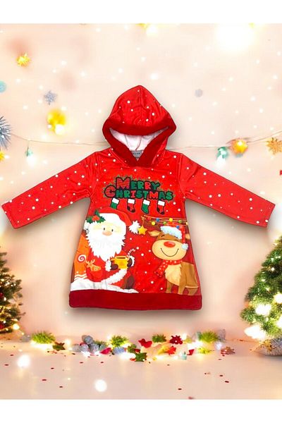 Lolliboomkids New Year's Winter Santa Claus Concept Girls' Plush Detailed Hooded Cotton Dress