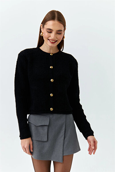 Bolesa Suadiye Women's Crew Neck Gold Buttoned Towel Patterned Knitwear Cardigan