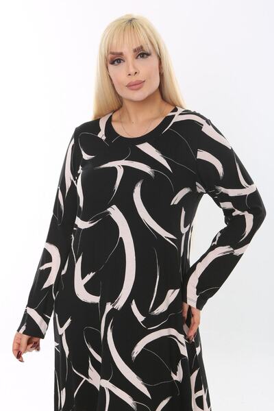 MELSAY Kadın Büyük Beden Beyaz Tüy Desen Pervazlı Uzun Kollu Elbise