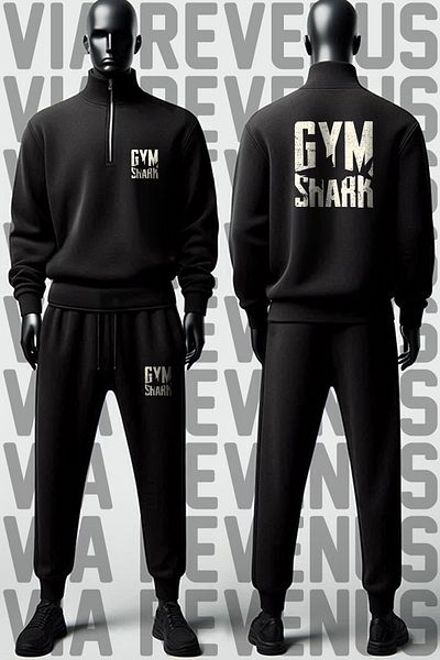 Vordevia Printed Half Zippered Stand Collar Sweatshirt and Black Tracksuit Sports Set